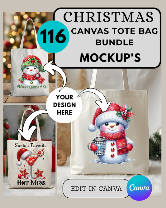 116 Christmas Tote Bag Mockups | Holiday Canvas Bag Bundle for POD & Small Businesses,