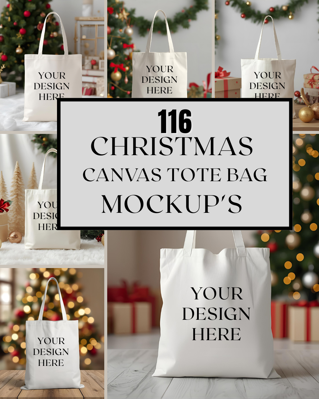 116 Christmas Tote Bag Mockups | Holiday Canvas Bag Bundle for POD & Small Businesses,
