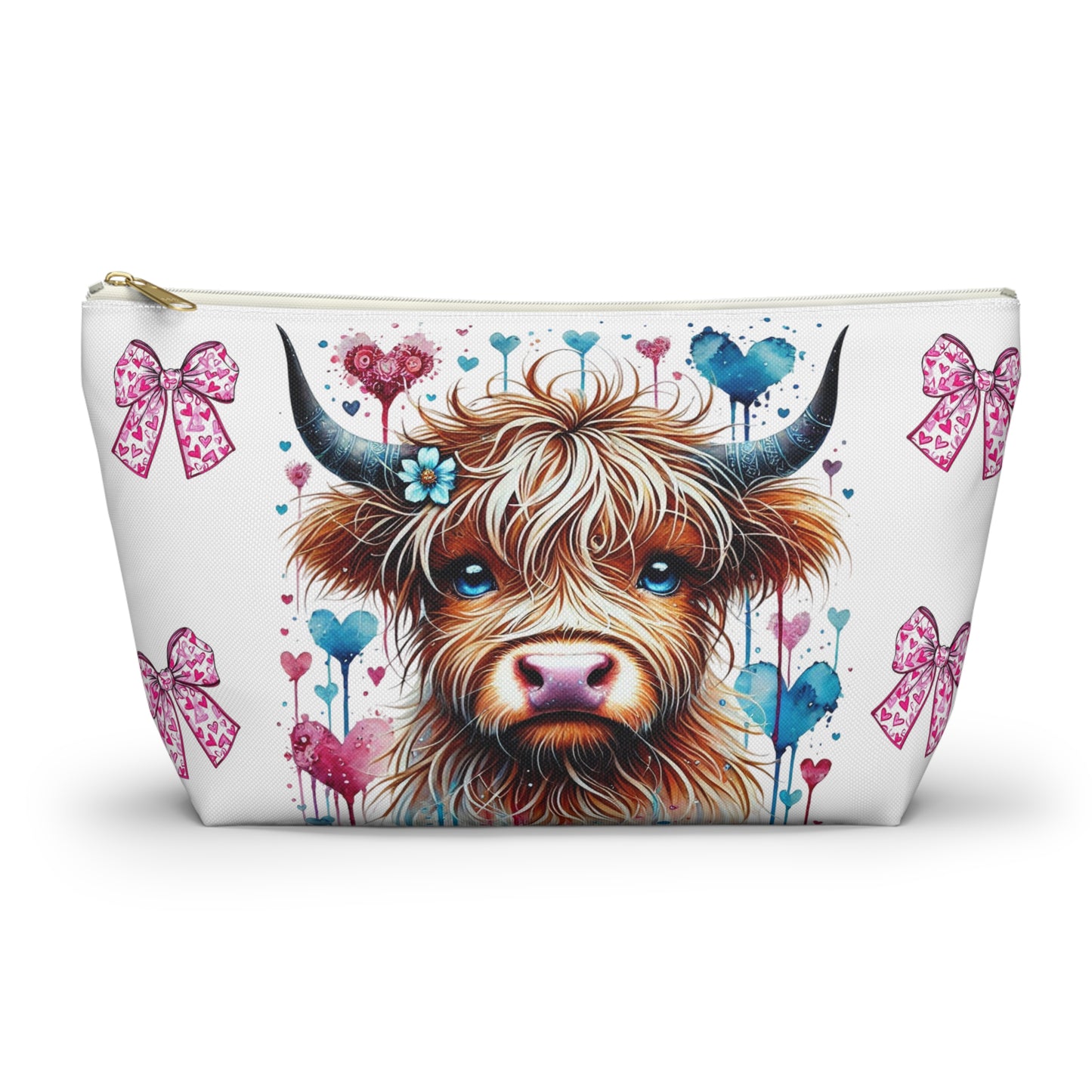 Travel Accessory Pouch, Cute Highland Cow Valentine's Bow Make Up Bag, Gift for Her, Cosmetic Case, Zippered Pouch, Small Toiletry Bag