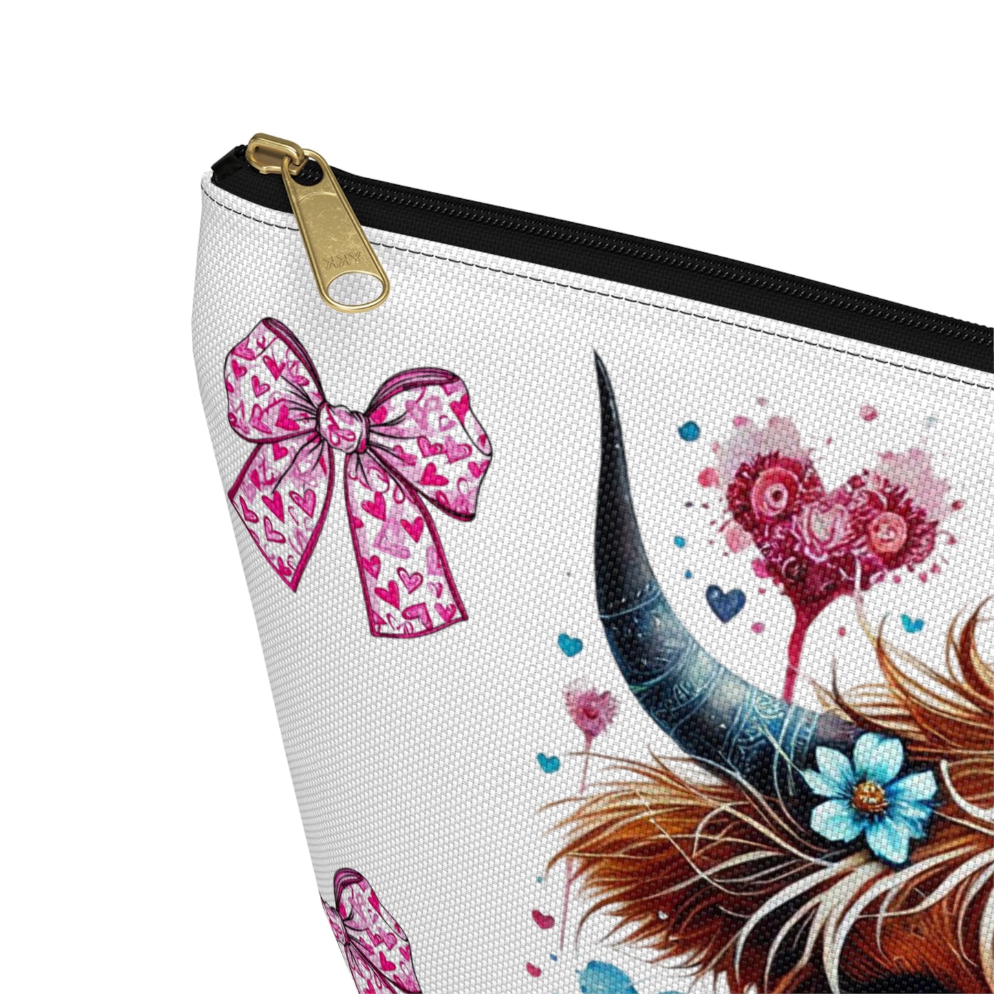 Travel Accessory Pouch, Cute Highland Cow Valentine's Bow Make Up Bag, Gift for Her, Cosmetic Case, Zippered Pouch, Small Toiletry Bag