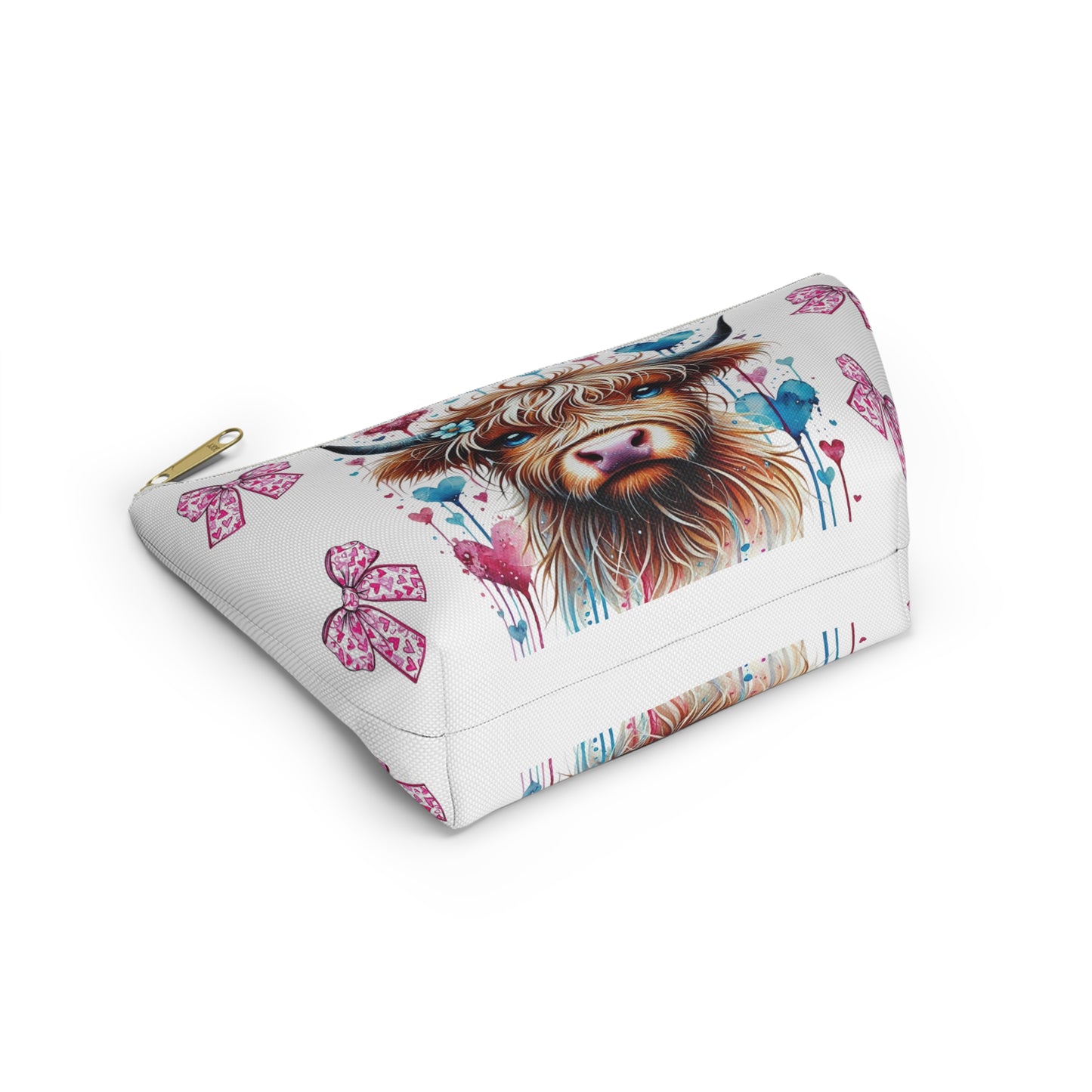 Travel Accessory Pouch, Cute Highland Cow Valentine's Bow Make Up Bag, Gift for Her, Cosmetic Case, Zippered Pouch, Small Toiletry Bag