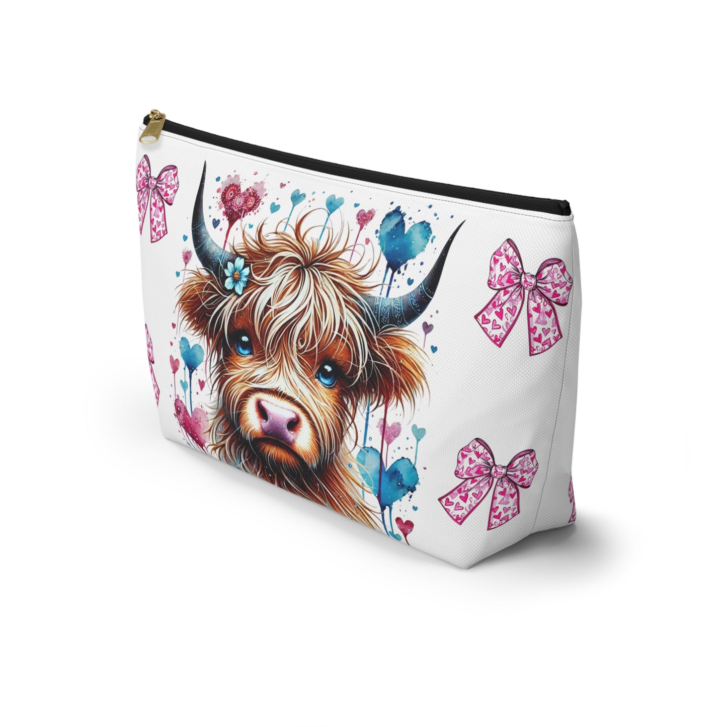 Travel Accessory Pouch, Cute Highland Cow Valentine's Bow Make Up Bag, Gift for Her, Cosmetic Case, Zippered Pouch, Small Toiletry Bag