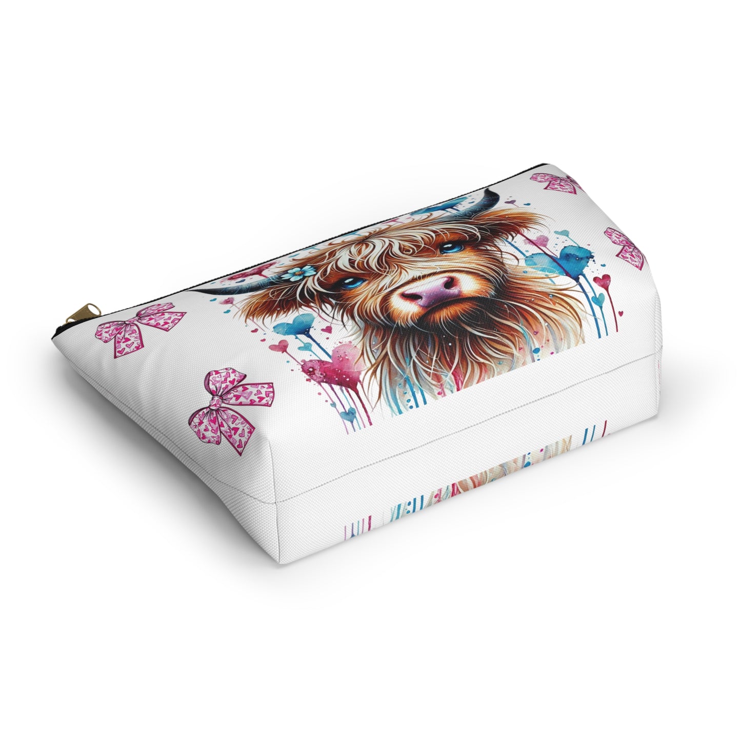 Travel Accessory Pouch, Cute Highland Cow Valentine's Bow Make Up Bag, Gift for Her, Cosmetic Case, Zippered Pouch, Small Toiletry Bag
