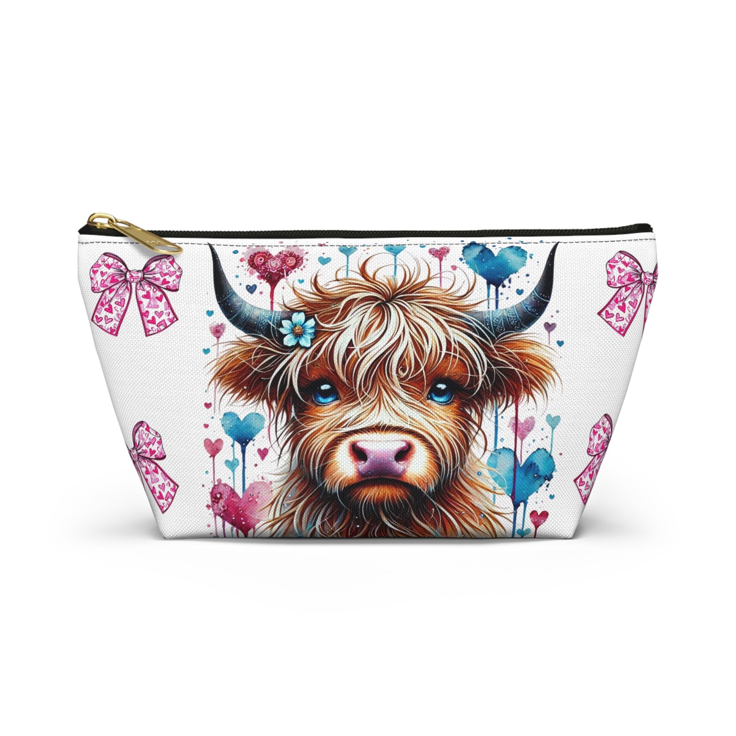 Travel Accessory Pouch, Cute Highland Cow Valentine's Bow Make Up Bag, Gift for Her, Cosmetic Case, Zippered Pouch, Small Toiletry Bag