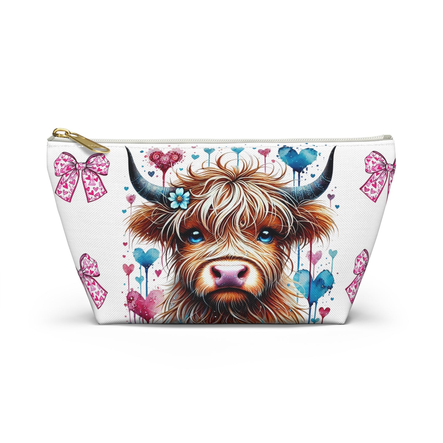 Travel Accessory Pouch, Cute Highland Cow Valentine's Bow Make Up Bag, Gift for Her, Cosmetic Case, Zippered Pouch, Small Toiletry Bag