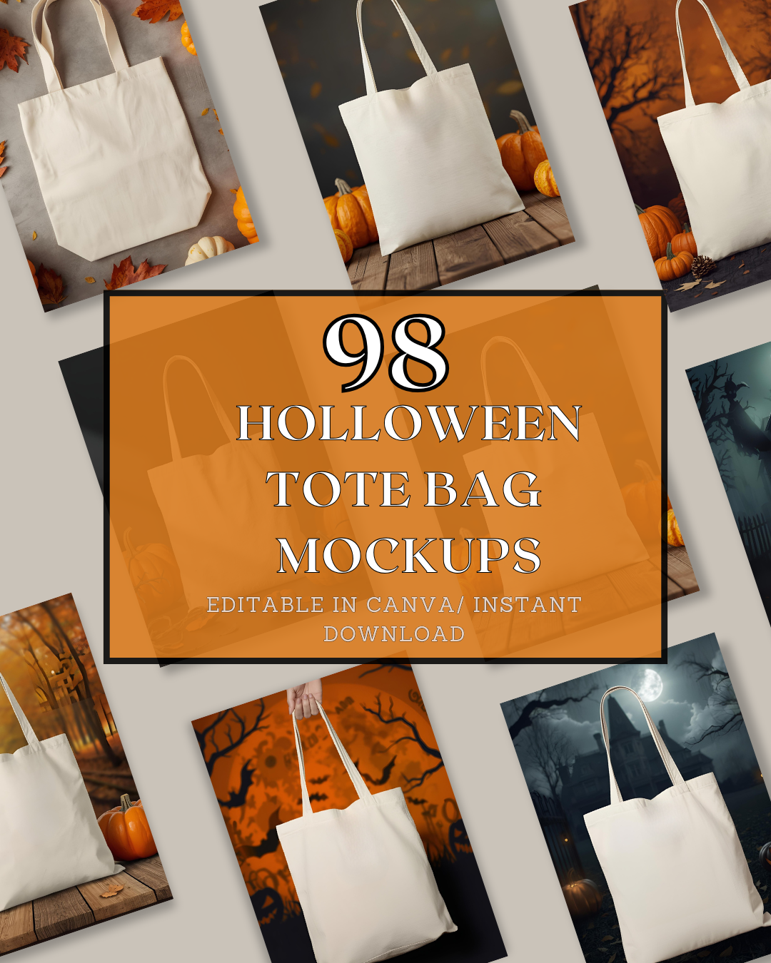 98 Halloween Tote Bag Mockups | Canvas Tote Mockup Bundle for Spooky Designs