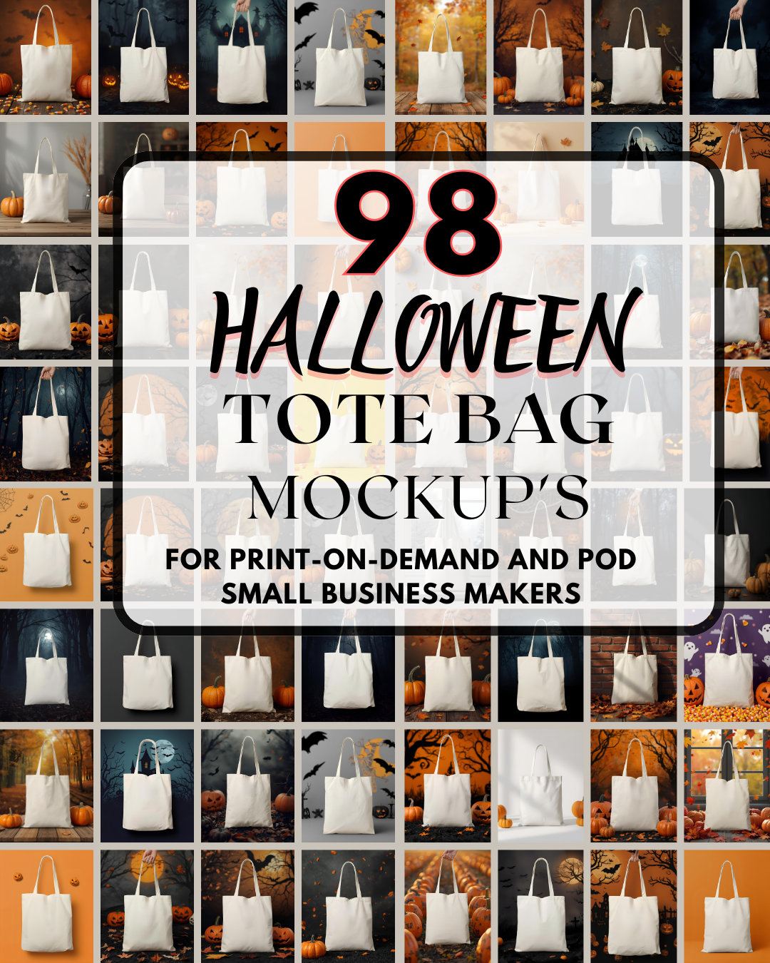 98 Halloween Tote Bag Mockups | Canvas Tote Mockup Bundle for Spooky Designs