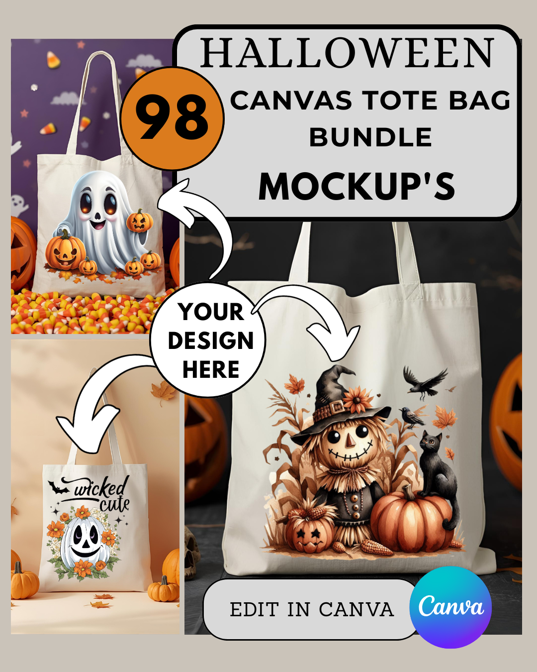 98 Halloween Tote Bag Mockups | Canvas Tote Mockup Bundle for Spooky Designs