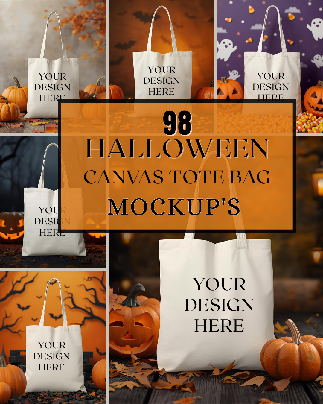 98 Halloween Tote Bag Mockups | Canvas Tote Mockup Bundle for Spooky Designs
