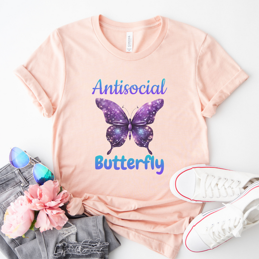 Antisocial Butterfly woman's tshirt, homebody shirt, introvert tshirt, butterfly mom shirt, anti social moms, social anxiety shirt, gifts