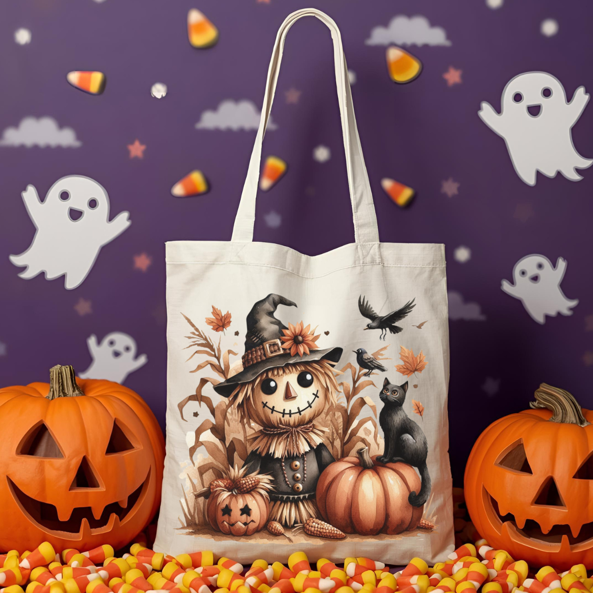 Fall Scarecrow PNG SVG | Cute Halloween Tote Bag Design | Instant digital Download