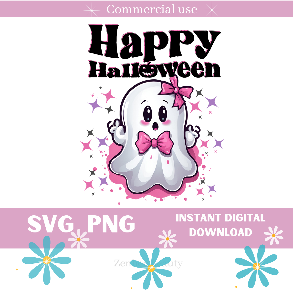 Happy Halloween Cute Ghost SVG PNG | Kawaii Halloween Clipart Digital Download