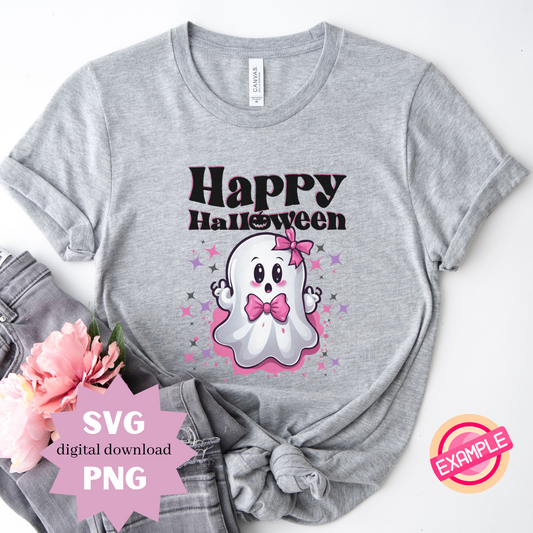 Happy Halloween Cute Ghost SVG PNG | Kawaii Halloween Clipart Digital Download