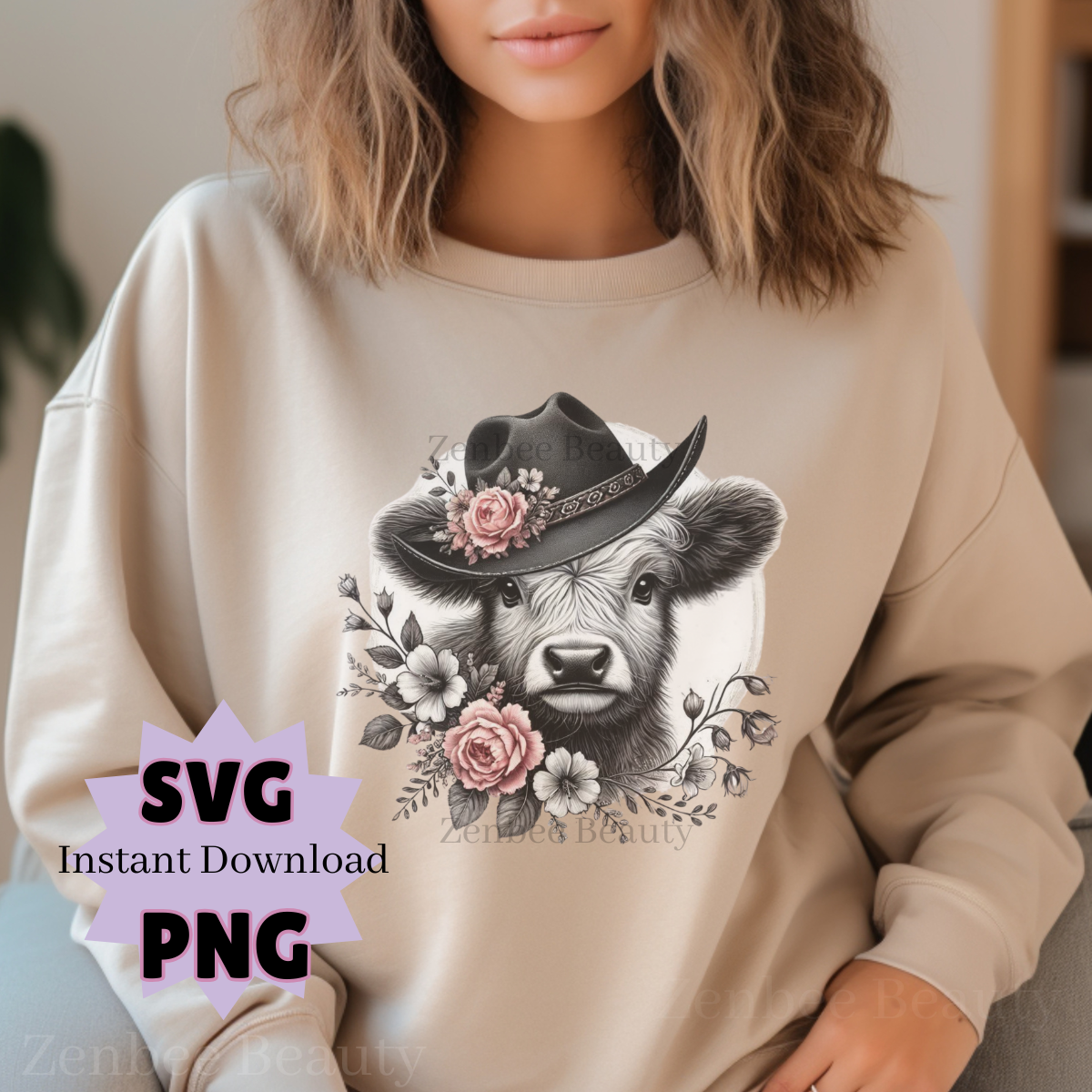 Highland Cow Western SVG | Floral Cowboy Hat Cow PNG | Boho Farmhouse Sublimation Design | Digital Download for Cricut & Silhouette, clipart