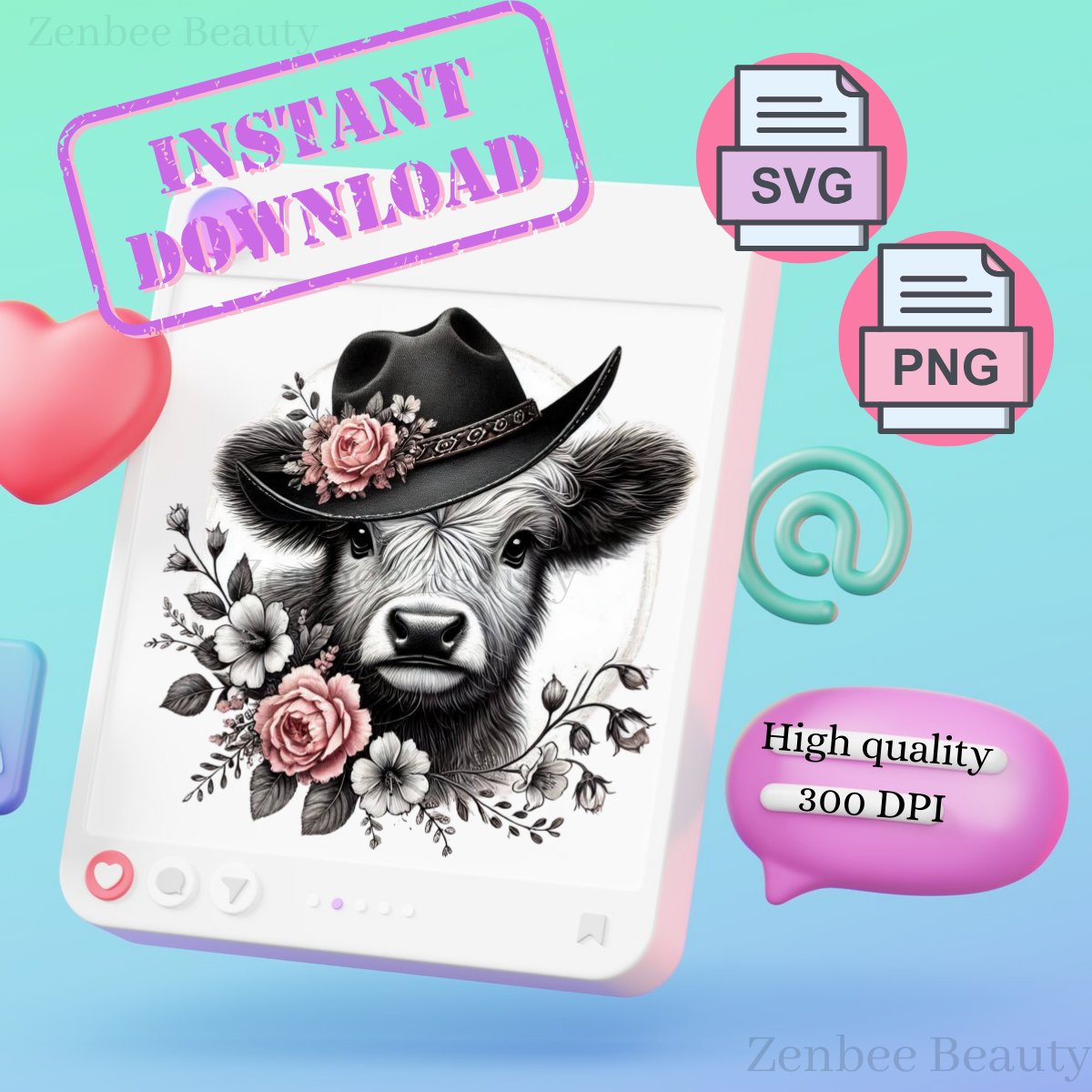 Highland Cow Western SVG | Floral Cowboy Hat Cow PNG | Boho Farmhouse Sublimation Design | Digital Download for Cricut & Silhouette, clipart