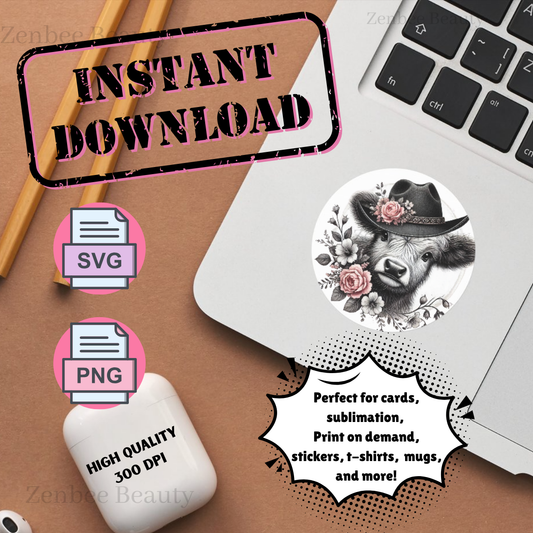 Highland Cow Western SVG | Floral Cowboy Hat Cow PNG | Boho Farmhouse Sublimation Design | Digital Download for Cricut & Silhouette, clipart