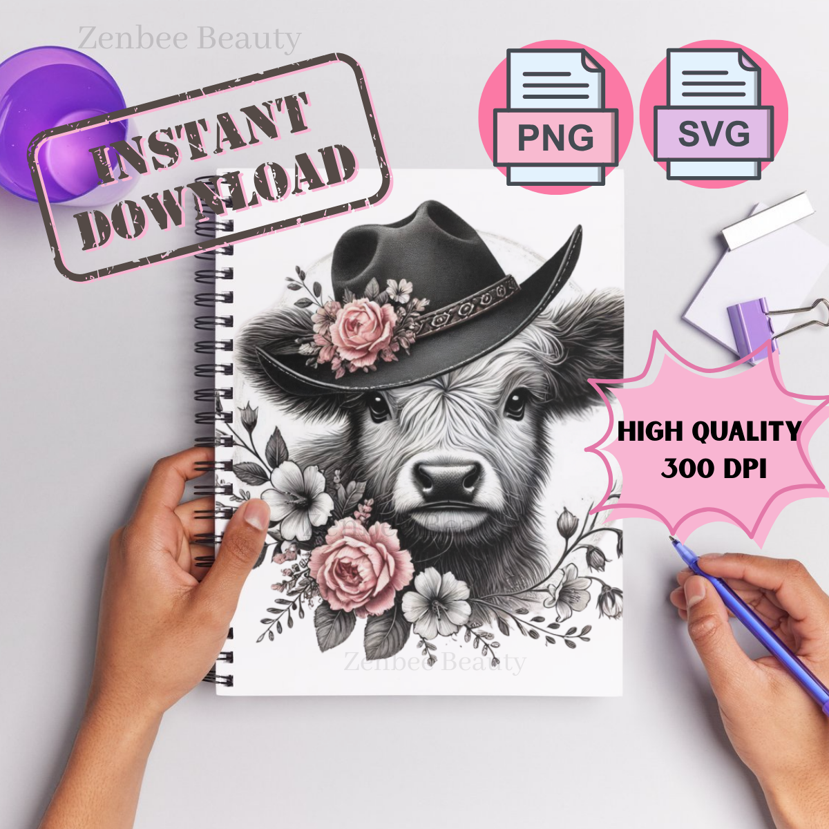 Highland Cow Western SVG | Floral Cowboy Hat Cow PNG | Boho Farmhouse Sublimation Design | Digital Download for Cricut & Silhouette, clipart