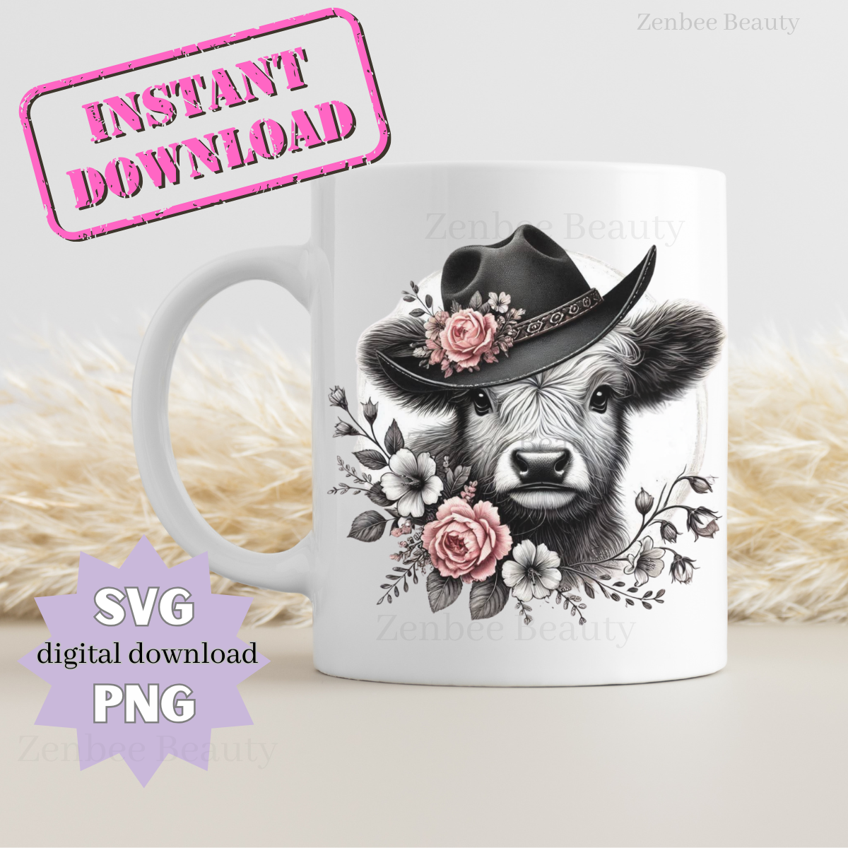 Highland Cow Western SVG | Floral Cowboy Hat Cow PNG | Boho Farmhouse Sublimation Design | Digital Download for Cricut & Silhouette, clipart