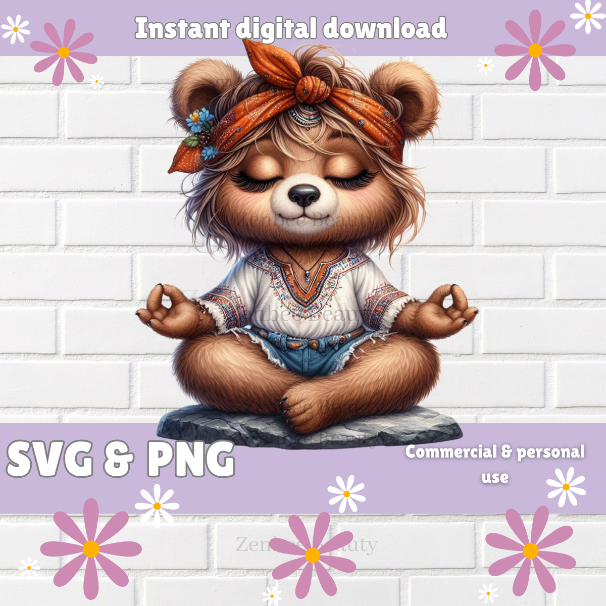 Boho Bear SVG PNG | Meditating Bear Clipart cut file | Cute Yoga Bear instant Digital Download for Sublimation Svg, Cricut, Silhouette, POD & Crafts