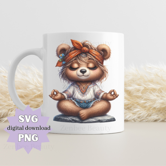 Boho Bear SVG PNG | Meditating Bear Clipart cut file | Cute Yoga Bear instant Digital Download for Sublimation Svg, Cricut, Silhouette, POD & Crafts