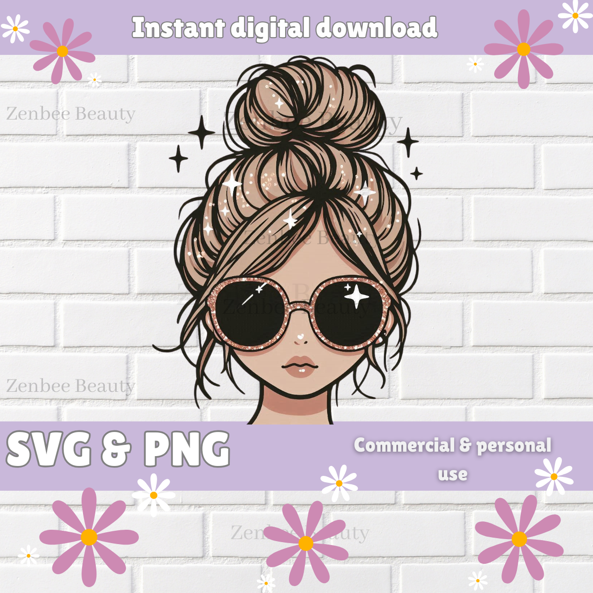 Messy Bun Girl SVG PNG | Trendy girl with Sunglasses Clipart | Digital Download for Sublimation, Cricut, Silhouette, POD & Crafts, girl png