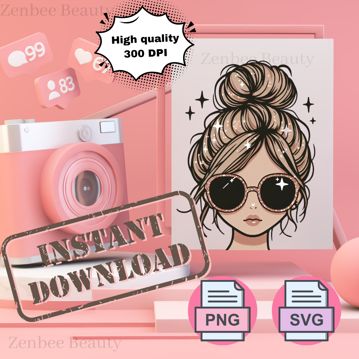 Messy Bun Girl SVG PNG | Trendy girl with Sunglasses Clipart | Digital Download for Sublimation, Cricut, Silhouette, POD & Crafts, girl png