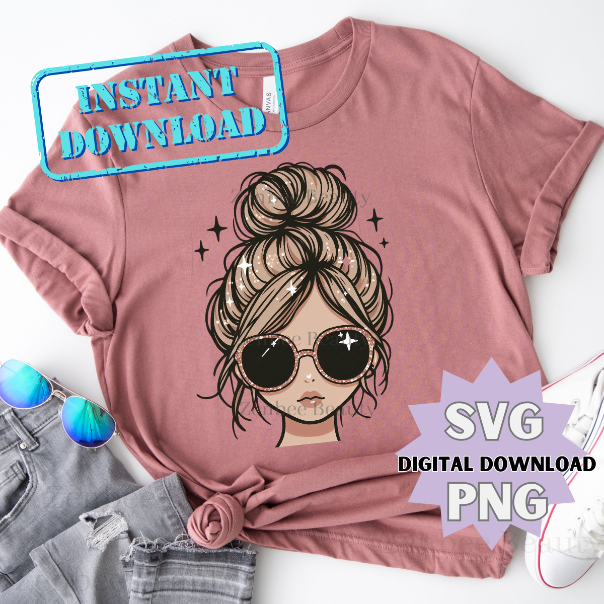 Messy Bun Girl SVG PNG | Trendy girl with Sunglasses Clipart | Digital Download for Sublimation, Cricut, Silhouette, POD & Crafts, girl png