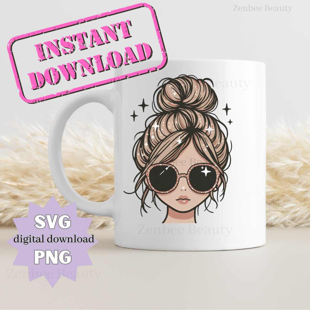 Messy Bun Girl SVG PNG | Trendy girl with Sunglasses Clipart | Digital Download for Sublimation, Cricut, Silhouette, POD & Crafts, girl png