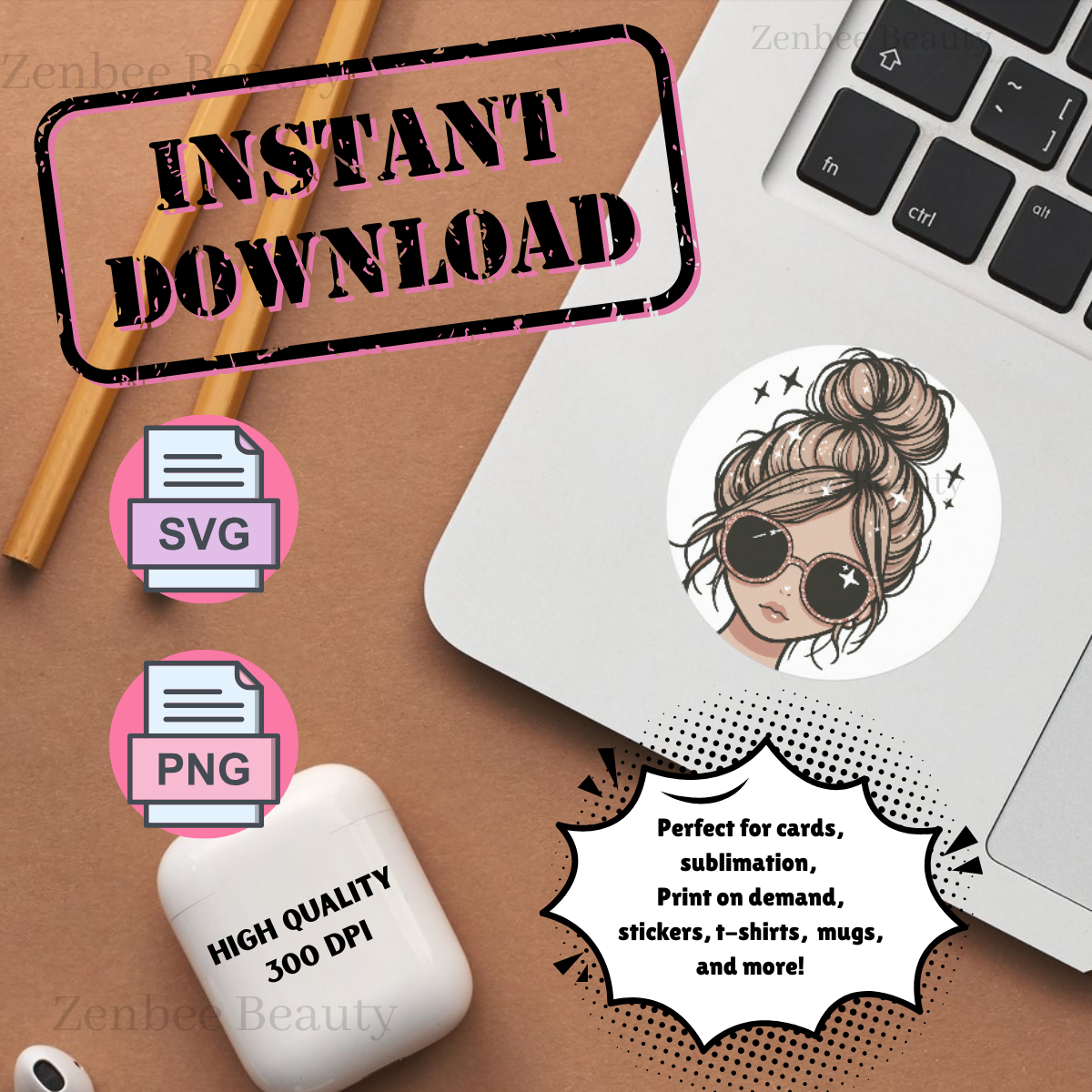 Messy Bun Girl SVG PNG | Trendy girl with Sunglasses Clipart | Digital Download for Sublimation, Cricut, Silhouette, POD & Crafts, girl png