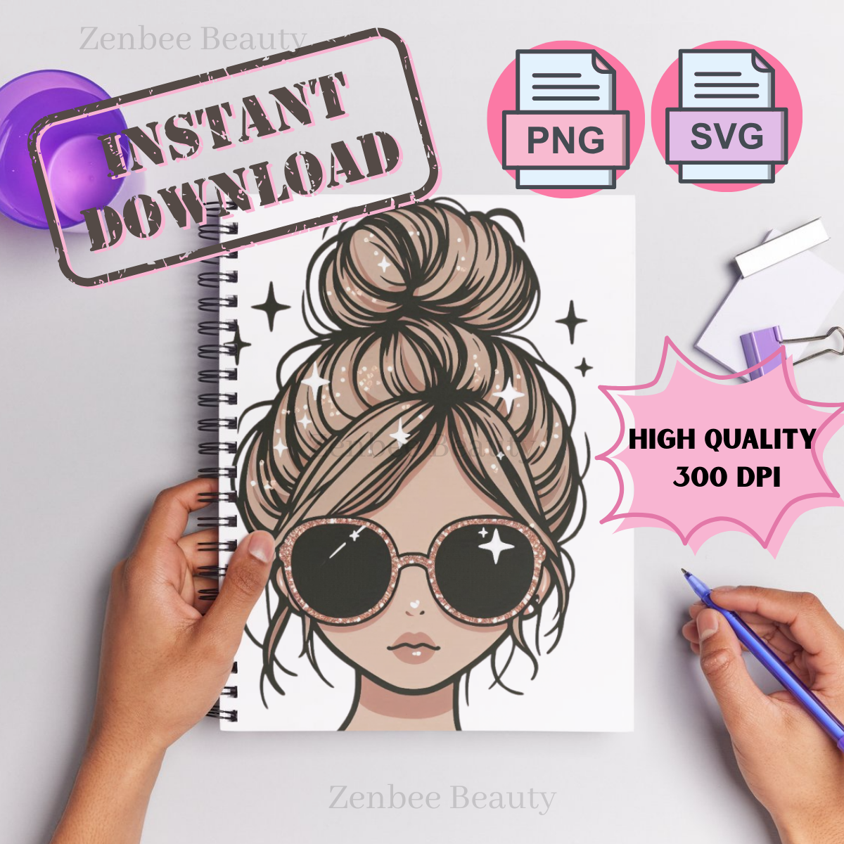Messy Bun Girl SVG PNG | Trendy girl with Sunglasses Clipart | Digital Download for Sublimation, Cricut, Silhouette, POD & Crafts, girl png