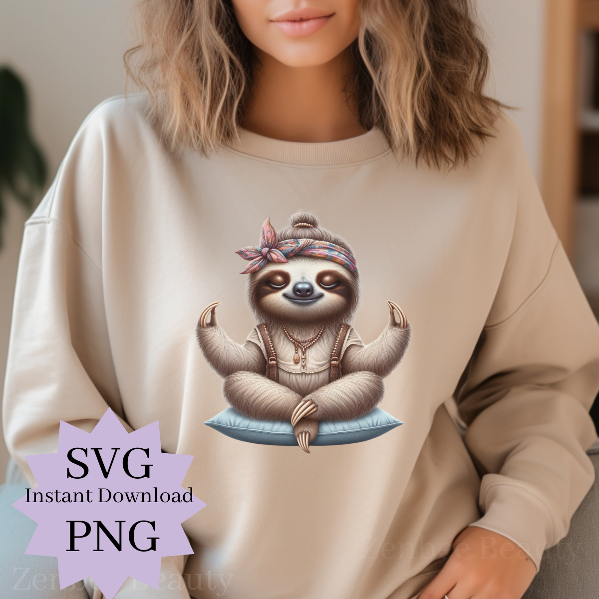 Boho Sloth SVG PNG | Meditating Sloth Clip art cut file | Cute Yoga Sloth Digital Download for Sublimation, Cricut, Silhouette, POD & Crafts