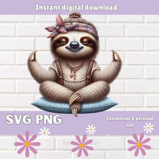 Boho Sloth SVG PNG | Meditating Sloth Clip art cut file | Cute Yoga Sloth Digital Download for Sublimation, Cricut, Silhouette, POD & Crafts