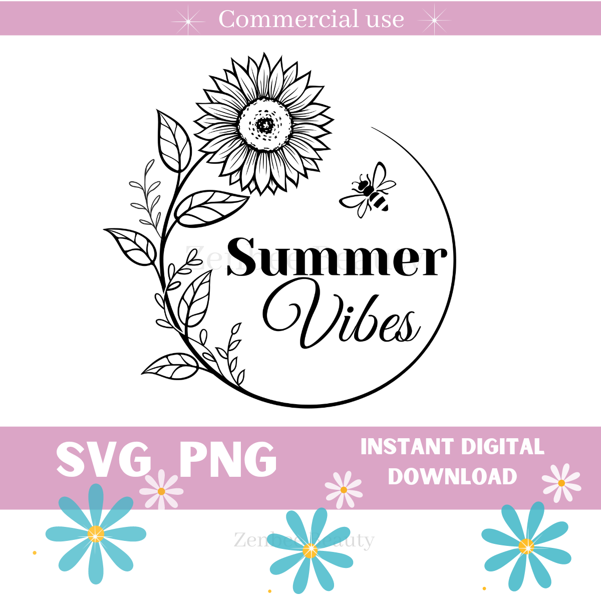 Summer Vibes Sunflower SVG PNG | Boho Summer Clipart | Digital Download for Sublimation, Cricut, Silhouette, POD & Crafts, for stickers