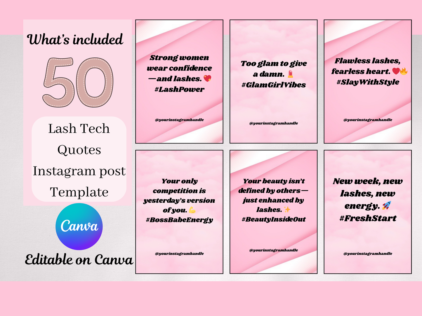 50 Editable Lash Tech Instagram quote Templates, Lash artist social media Canva template, Esthetician Beauty Business Marketing content, IG