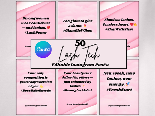 50 Editable Lash Tech Instagram quote Templates, Lash artist social media Canva template, Esthetician Beauty Business Marketing content, IG