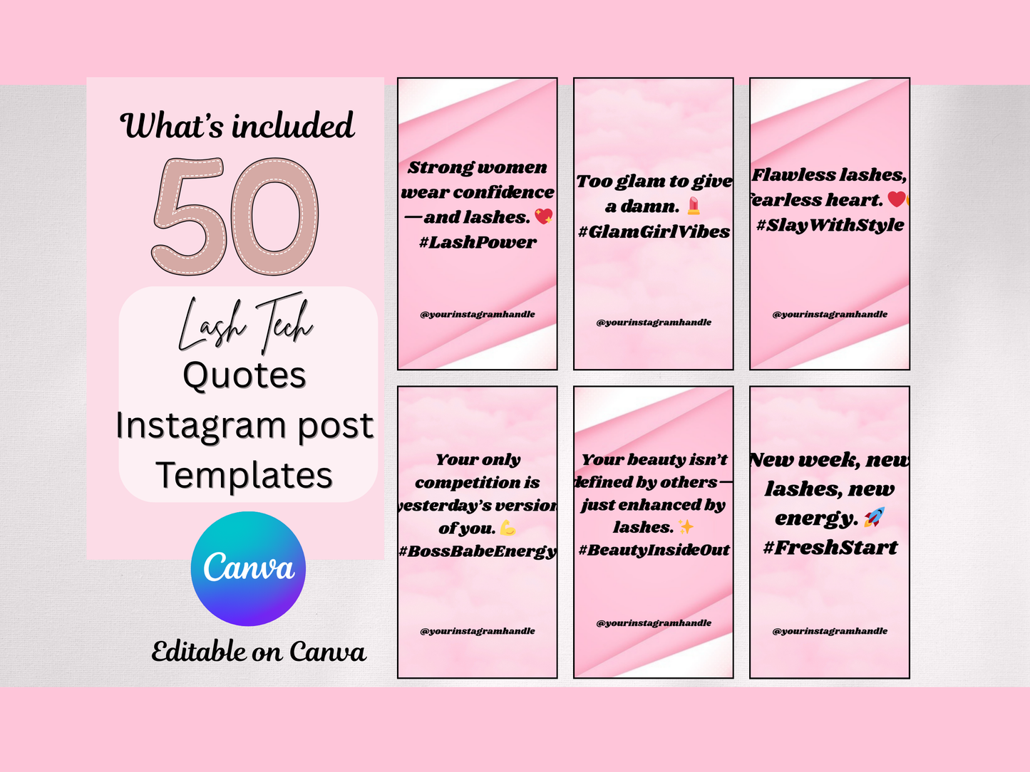 50 Editable Lash Tech Instagram quote Templates, Lash artist social media Canva template, Esthetician Beauty Business Marketing content, IG