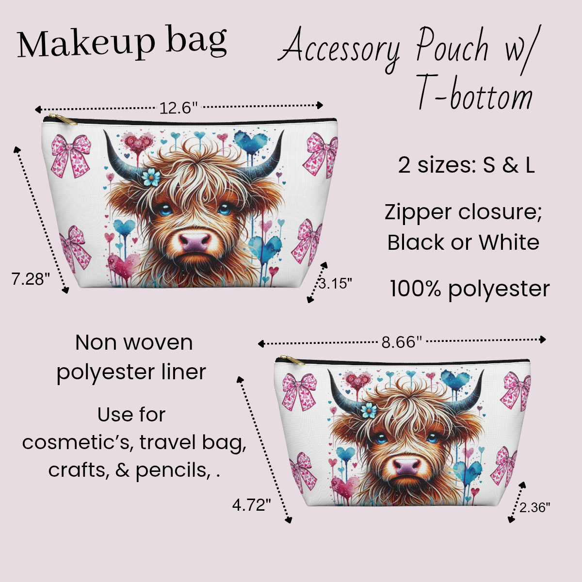 Travel Accessory Pouch, Cute Highland Cow Valentine's Bow Make Up Bag, Gift for Her, Cosmetic Case, Zippered Pouch, Small Toiletry Bag