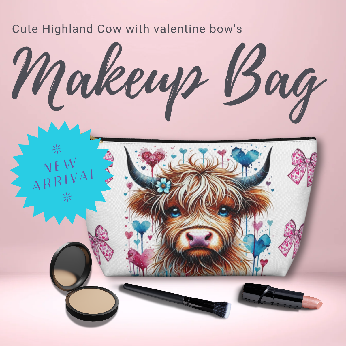 Travel Accessory Pouch, Cute Highland Cow Valentine's Bow Make Up Bag, Gift for Her, Cosmetic Case, Zippered Pouch, Small Toiletry Bag