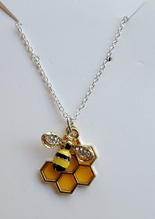 Bee and honeycomb charm pendant necklace