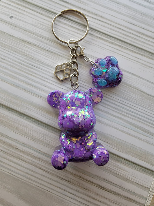 Teddy bear Keychain purple glitter handmade keyring