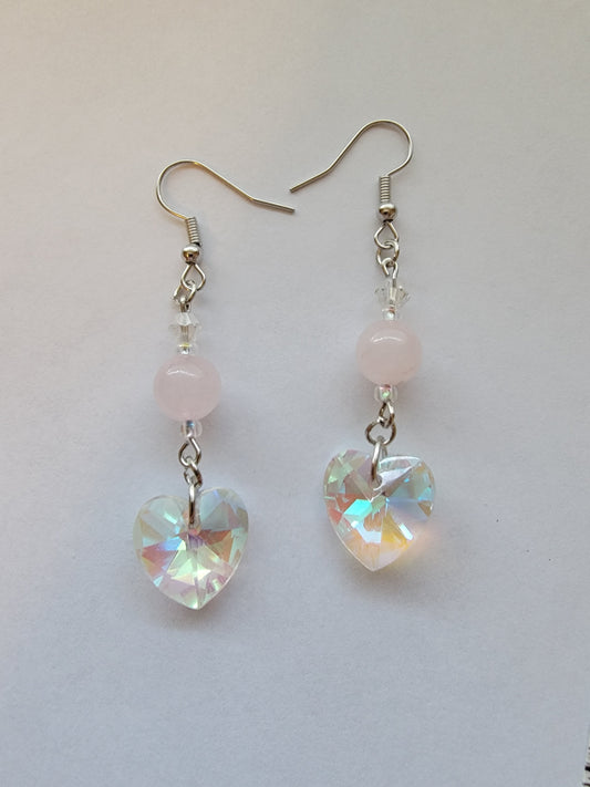 Rose quartz earrings, crystal heart dangle hook earrings, handmade earrings, handmade jewelry, yoga gift,  gifts for her.