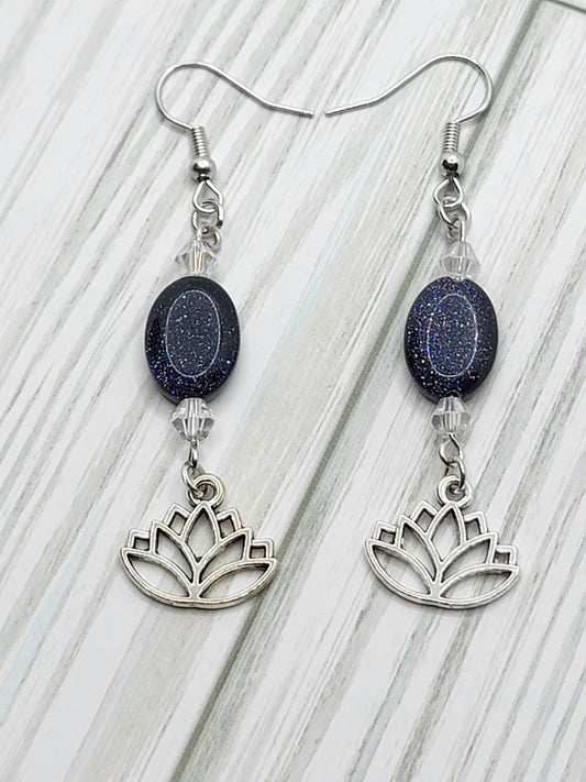 Blue natural stone lotus charm dangle earrings