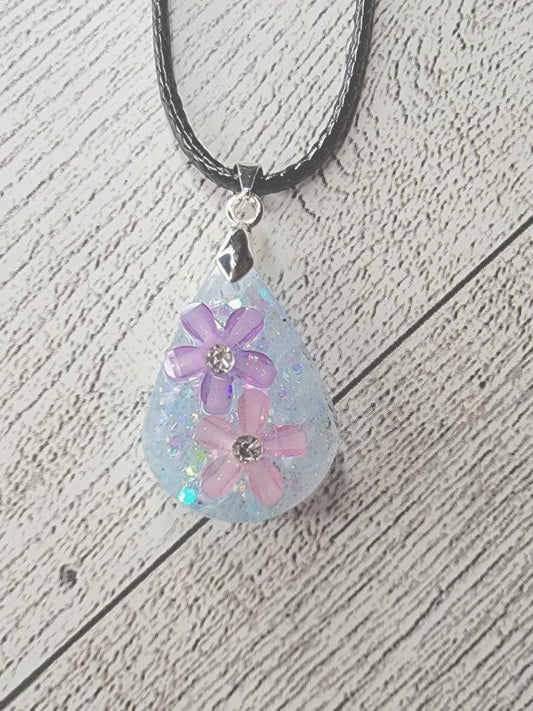 Spring flowers pendant glitter handmade necklace