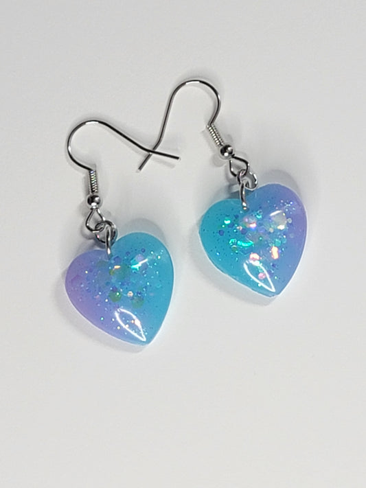 Purple teal heart womens dangle hook earrings, cute simple jewelry for friends, gifts for her