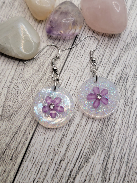 Purple flower earrings, dangle drop hook earrings, handmade earrings, handmade jewelry, earrings cute, gifts for her.