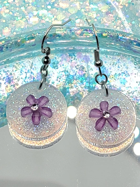 Purple flower earrings, dangle drop hook earrings, handmade earrings, handmade jewelry, earrings cute, gifts for her.
