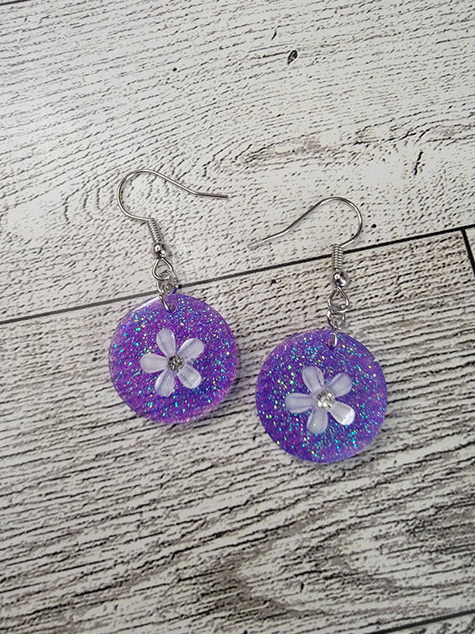 White flower earrings, purple handmade unique drop earrings, handmade earrings cute, handmade jewelry, gifts for her.
