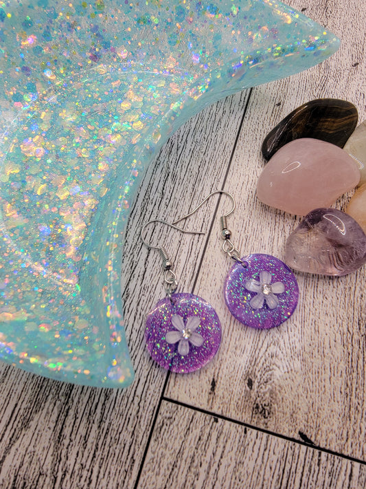White flower earrings, purple handmade unique drop earrings, handmade earrings cute, handmade jewelry, gifts for her.