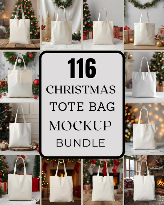 116 Christmas Tote Bag Mockups | Holiday Canvas Bag Bundle for POD & Small Businesses,