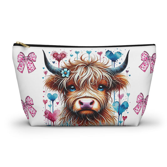 Travel Accessory Pouch, Cute Highland Cow Valentine's Bow Make Up Bag, Gift for Her, Cosmetic Case, Zippered Pouch, Small Toiletry Bag